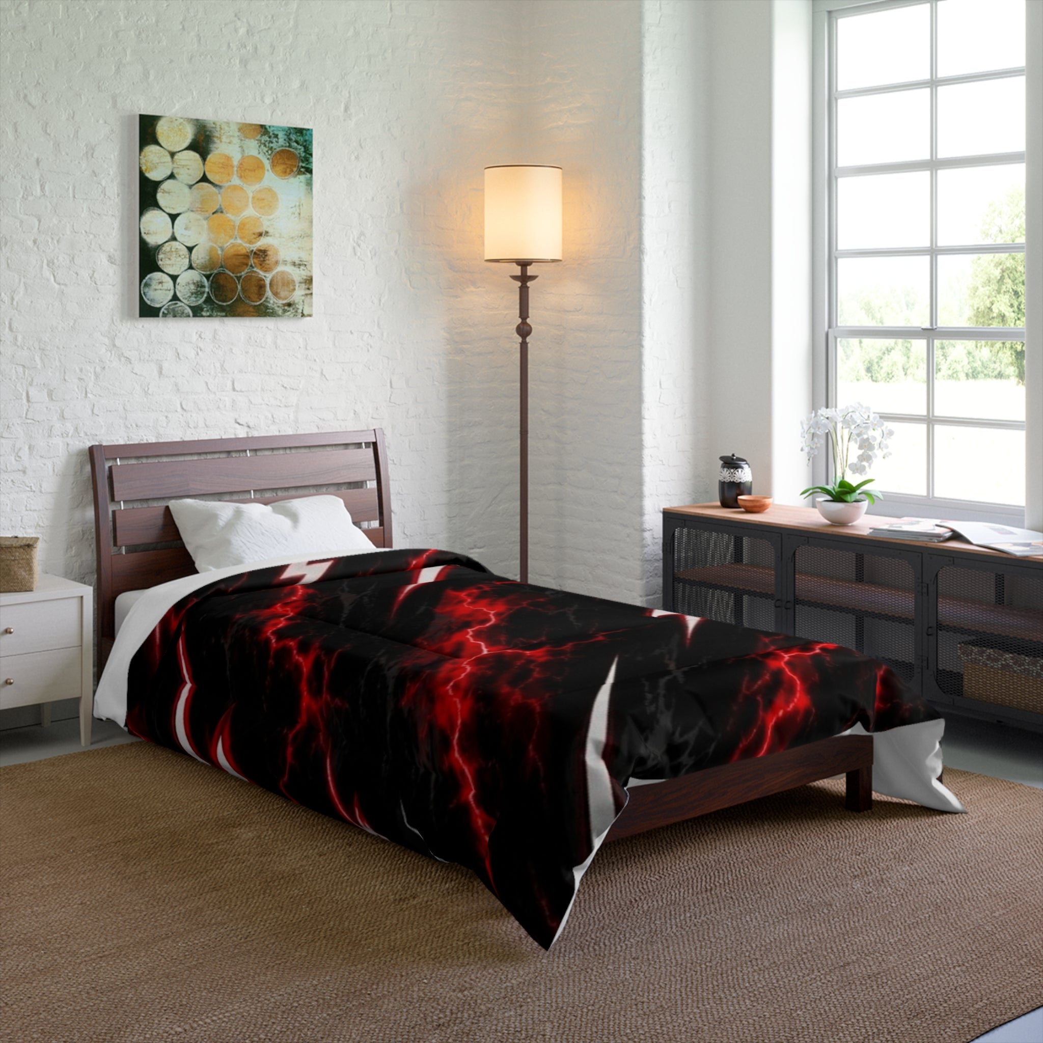 Lightning Bolt Comforter — Black & Red Electric Storm Bed Cover