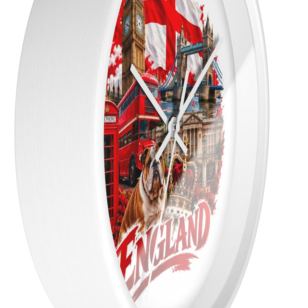 England Wall Clock – British Landmarks, Bulldog & St. George Flag Home Decor