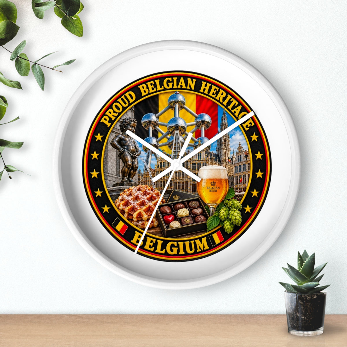 Belgium Heritage Wall Clock — Proud Belgian Icons (Atomium, Manneken Pis, Waffle, Beer)