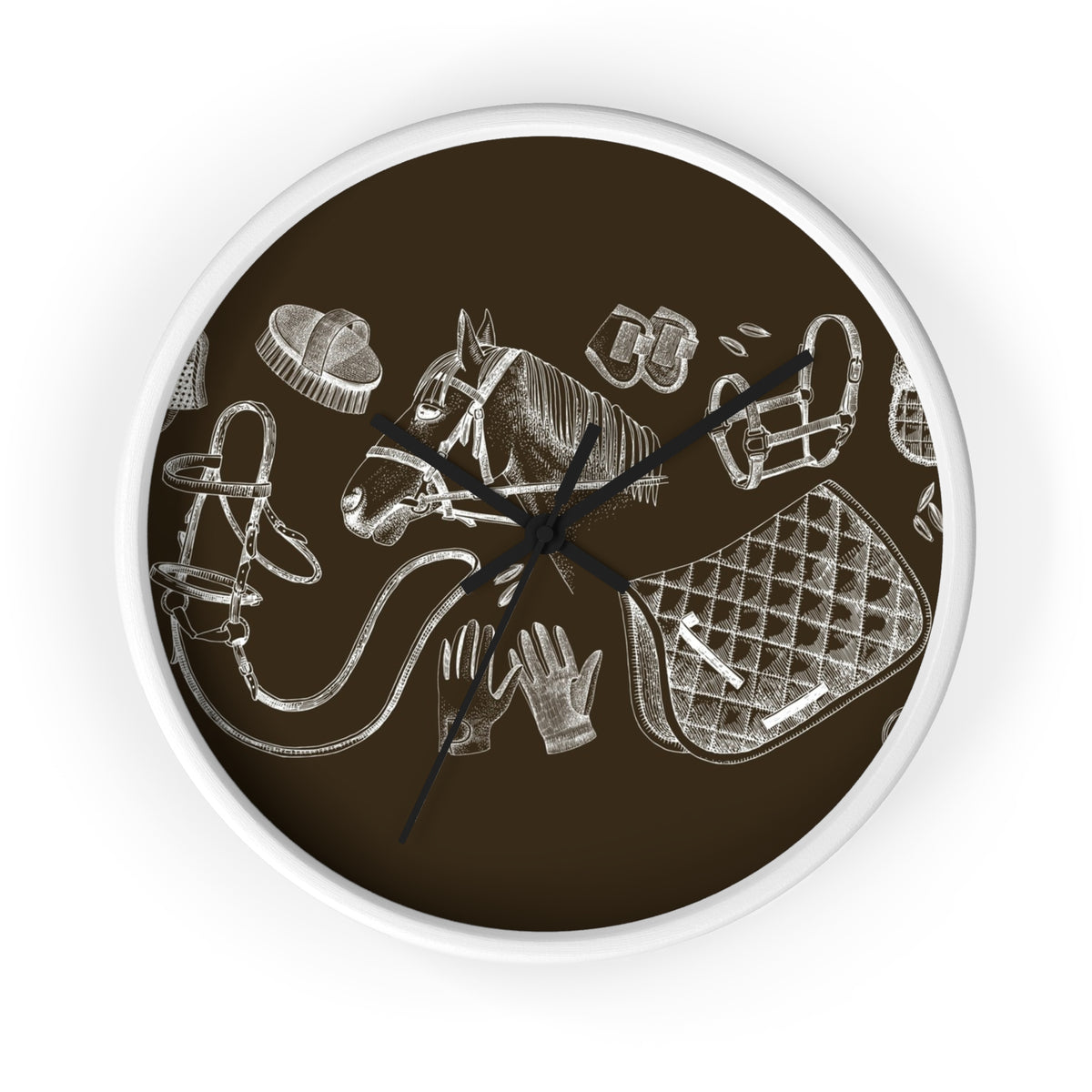 Equestrian Gear Wall Clock — Vintage Horse Tack Silhouette
