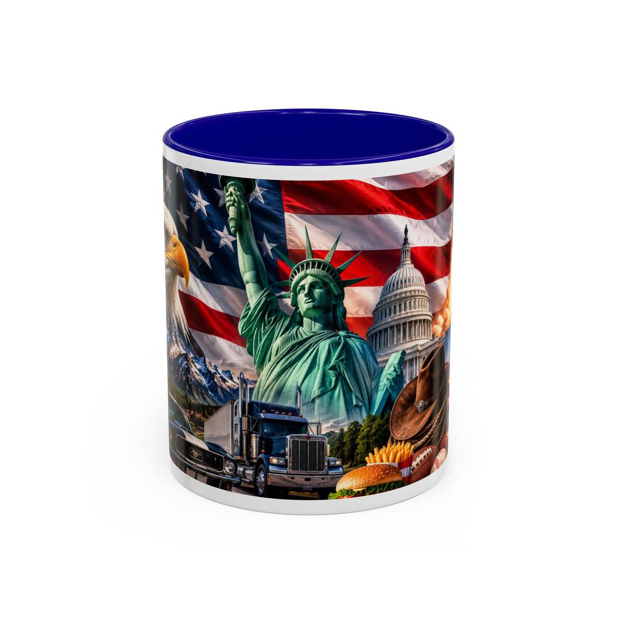 Patriotic USA Collage Mug — Statue of Liberty, Capitol & American Flag (Two-Tone)