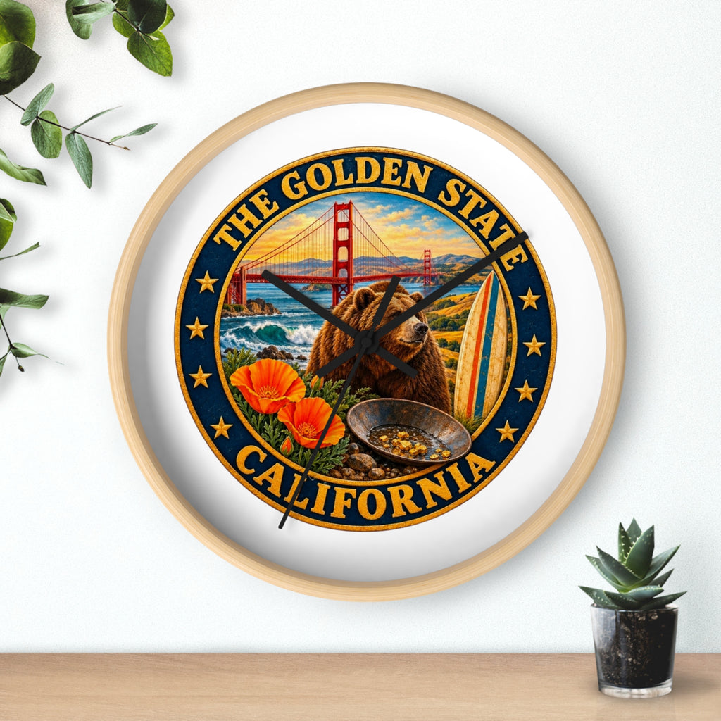 California Golden State Wall Clock — Golden Gate, Bear & Poppies Retro Travel Decor