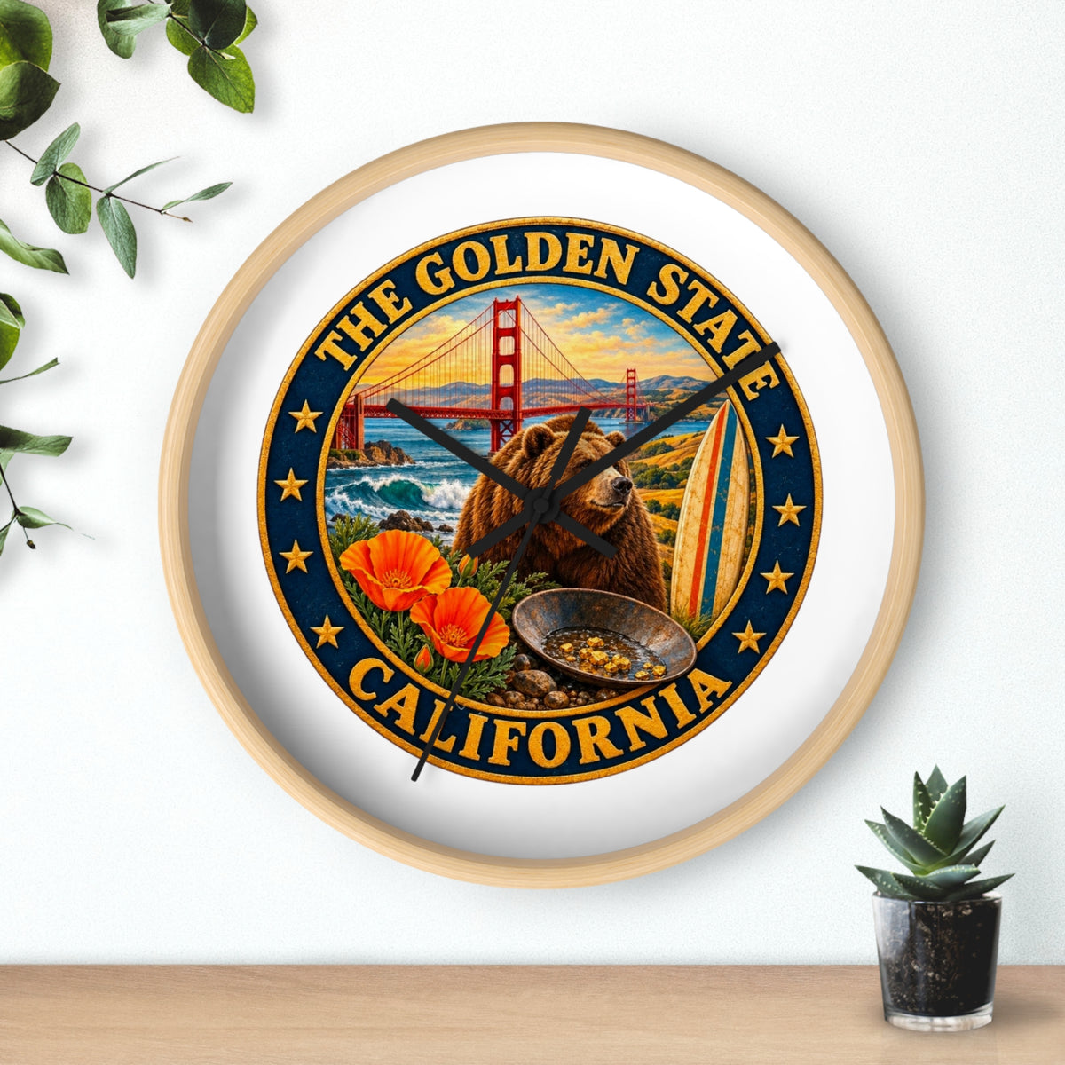 California Golden State Wall Clock — Golden Gate, Bear & Poppies Retro Travel Decor