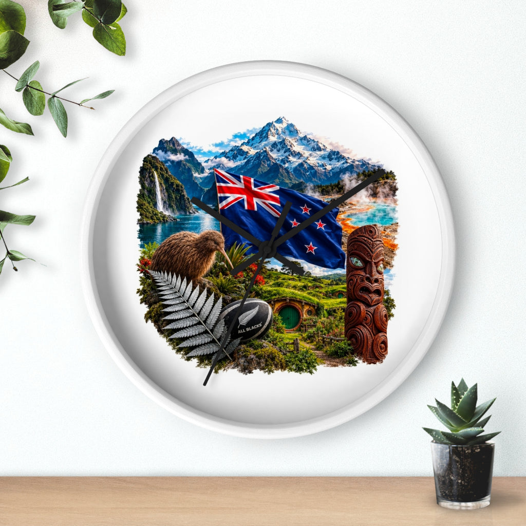 New Zealand Heritage Wall Clock — Kiwi, Silver Fern & Māori Tiki Design