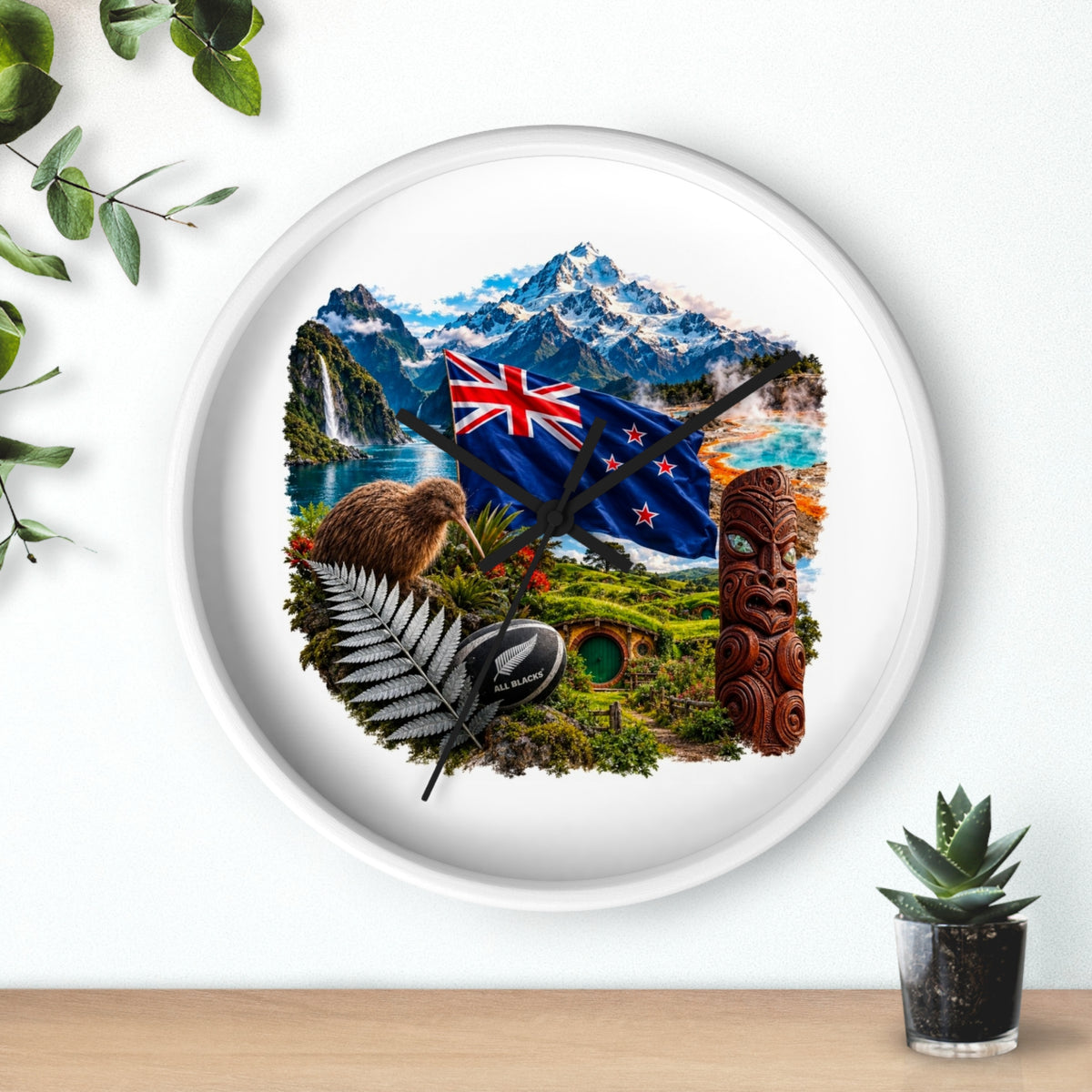 New Zealand Heritage Wall Clock — Kiwi, Silver Fern & Māori Tiki Design