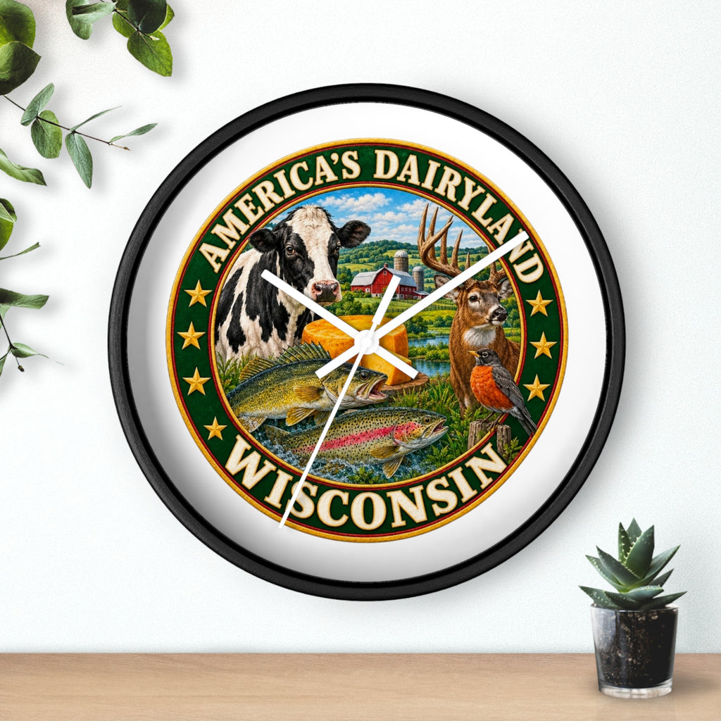 Wisconsin Wall Clock — "America's Dairyland" Rustic Farm & Wildlife Clock
