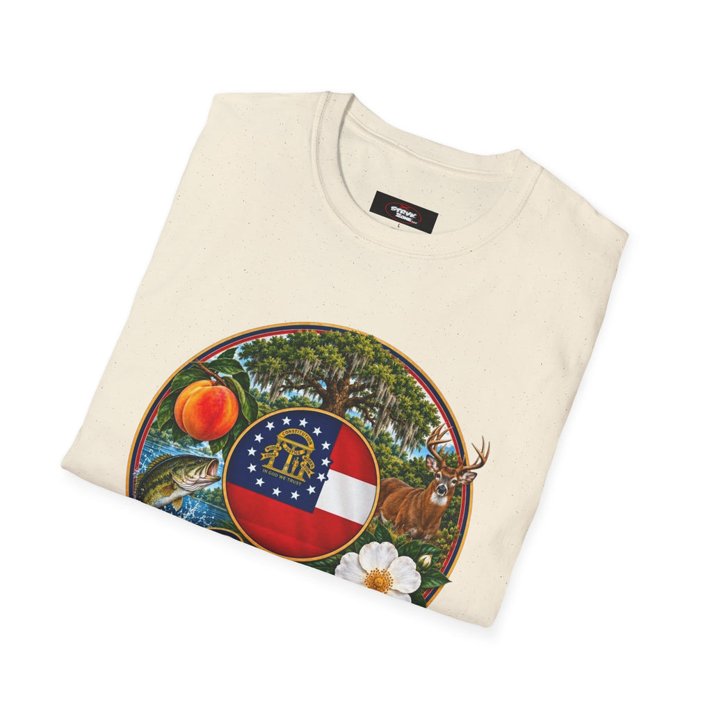 Georgia State Emblem T-Shirt – Peach, Magnolia & Flag Design