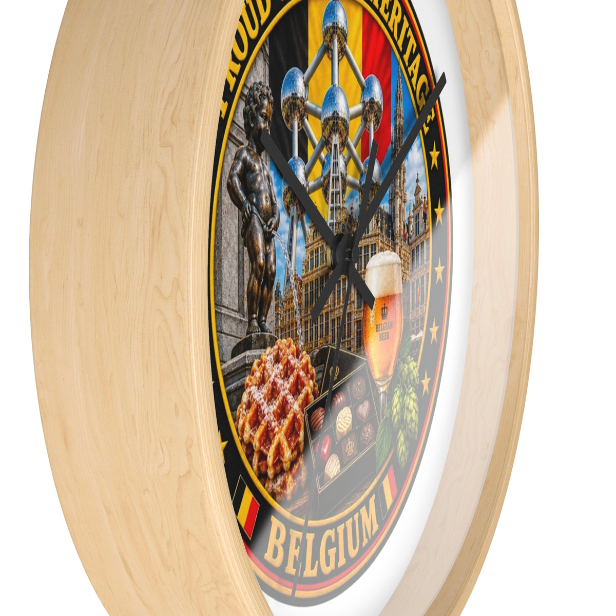 Belgium Heritage Wall Clock — Proud Belgian Icons (Atomium, Manneken Pis, Waffle, Beer)