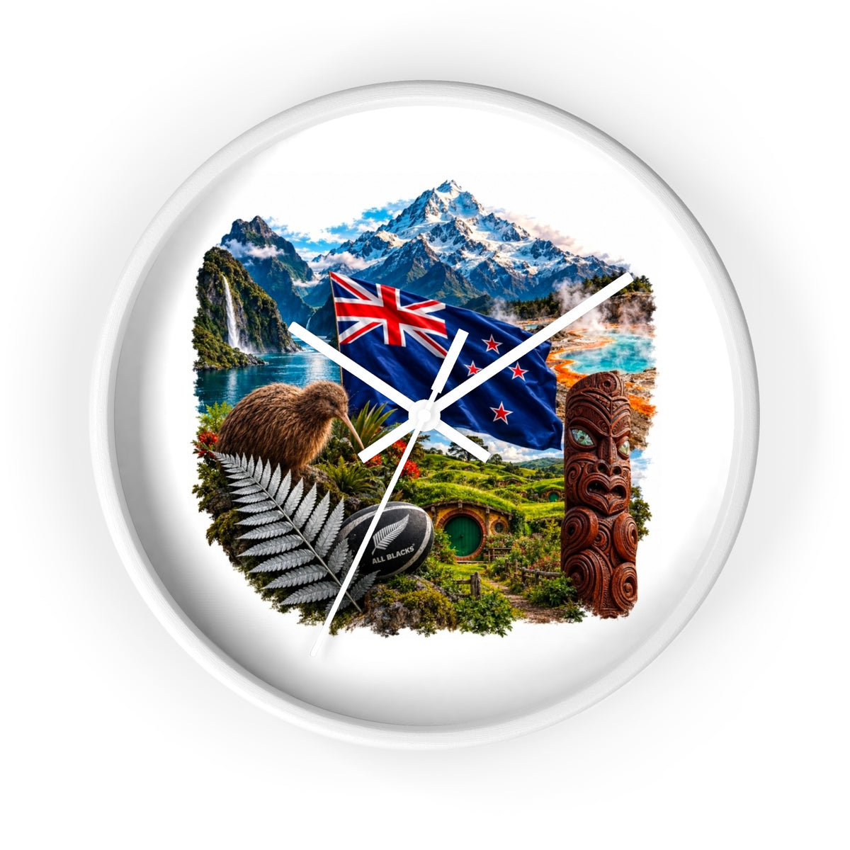 New Zealand Heritage Wall Clock — Kiwi, Silver Fern & Māori Tiki Design