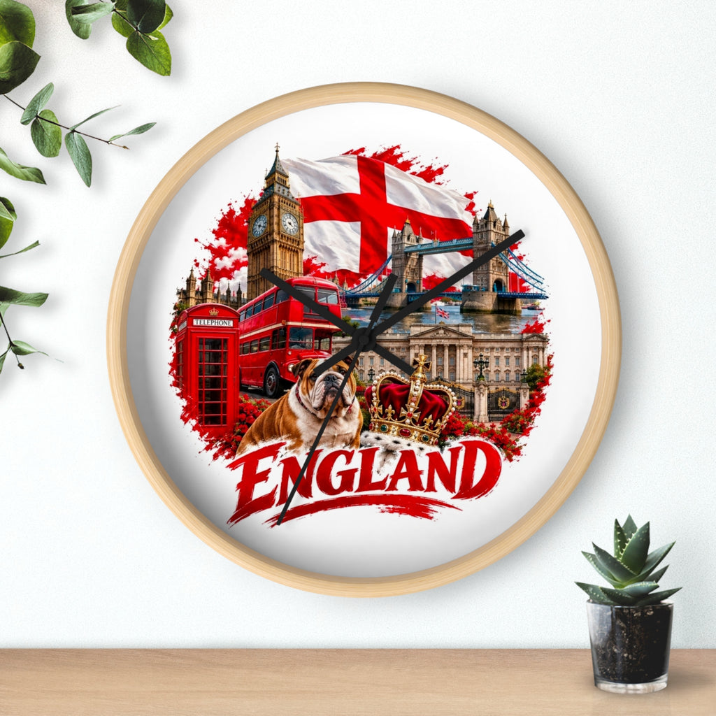 England Wall Clock – British Landmarks, Bulldog & St. George Flag Home Decor