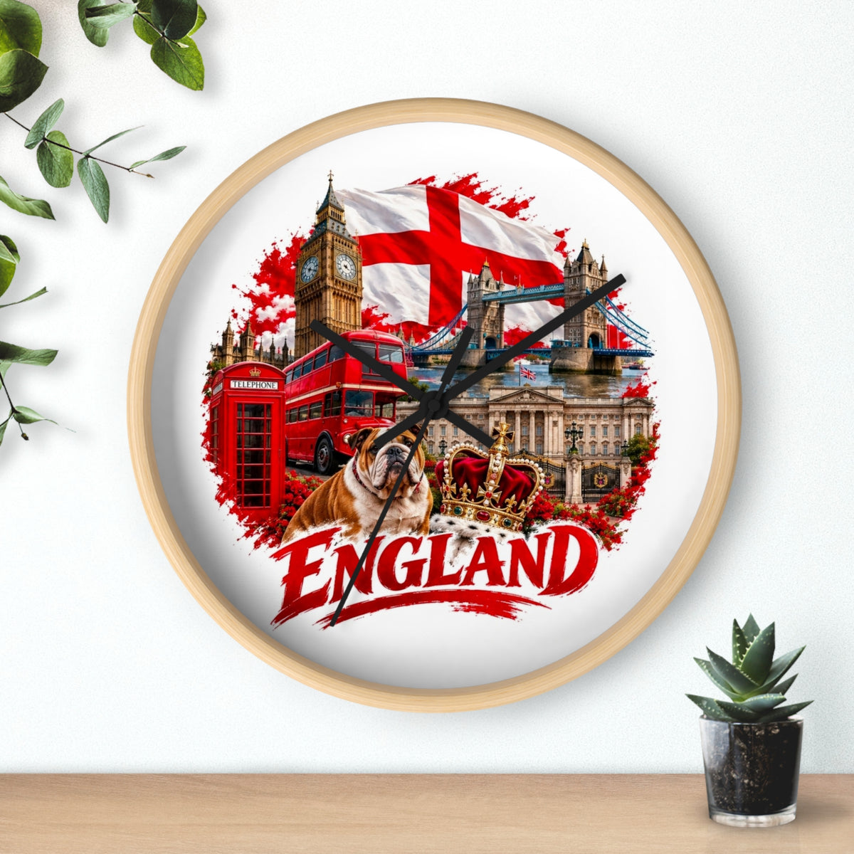 England Wall Clock – British Landmarks, Bulldog & St. George Flag Home Decor