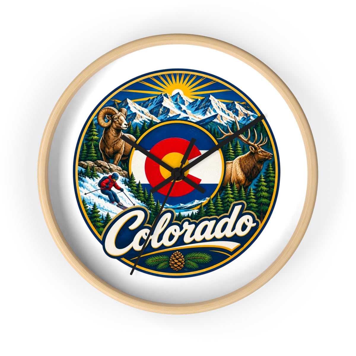 Colorado Mountain Scenic Wall Clock — Skiing, Elk & Bighorn Sheep Design