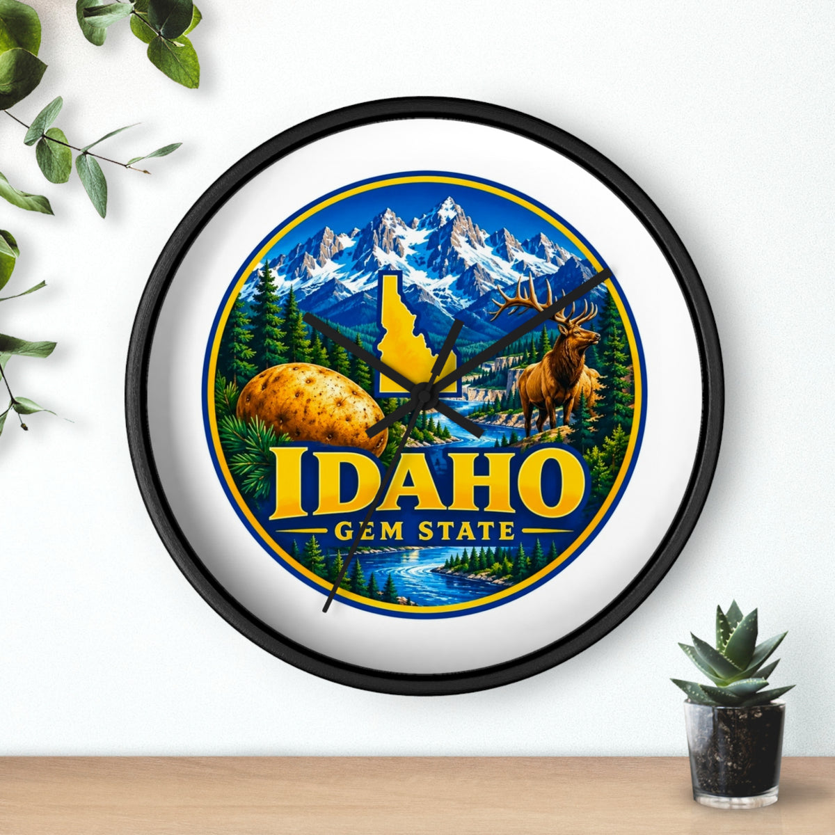 Idaho Gem State Wall Clock – Scenic Mountain & Elk Home Decor