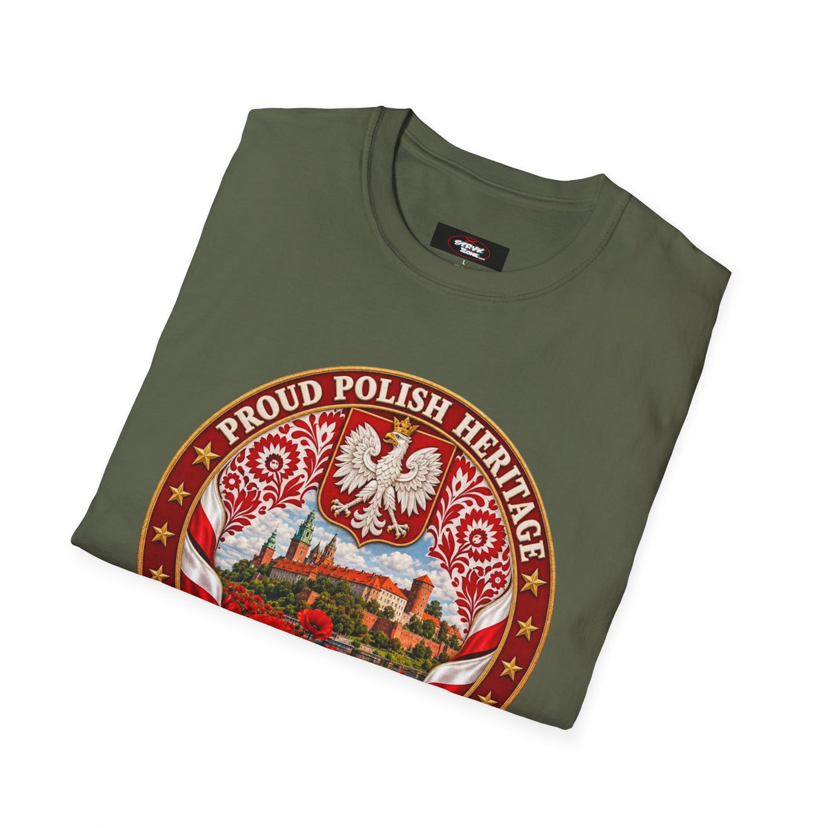 Poland Pride T-Shirt — "Proud Polish Heritage" Circle Crest with White Eagle and Floral Motif