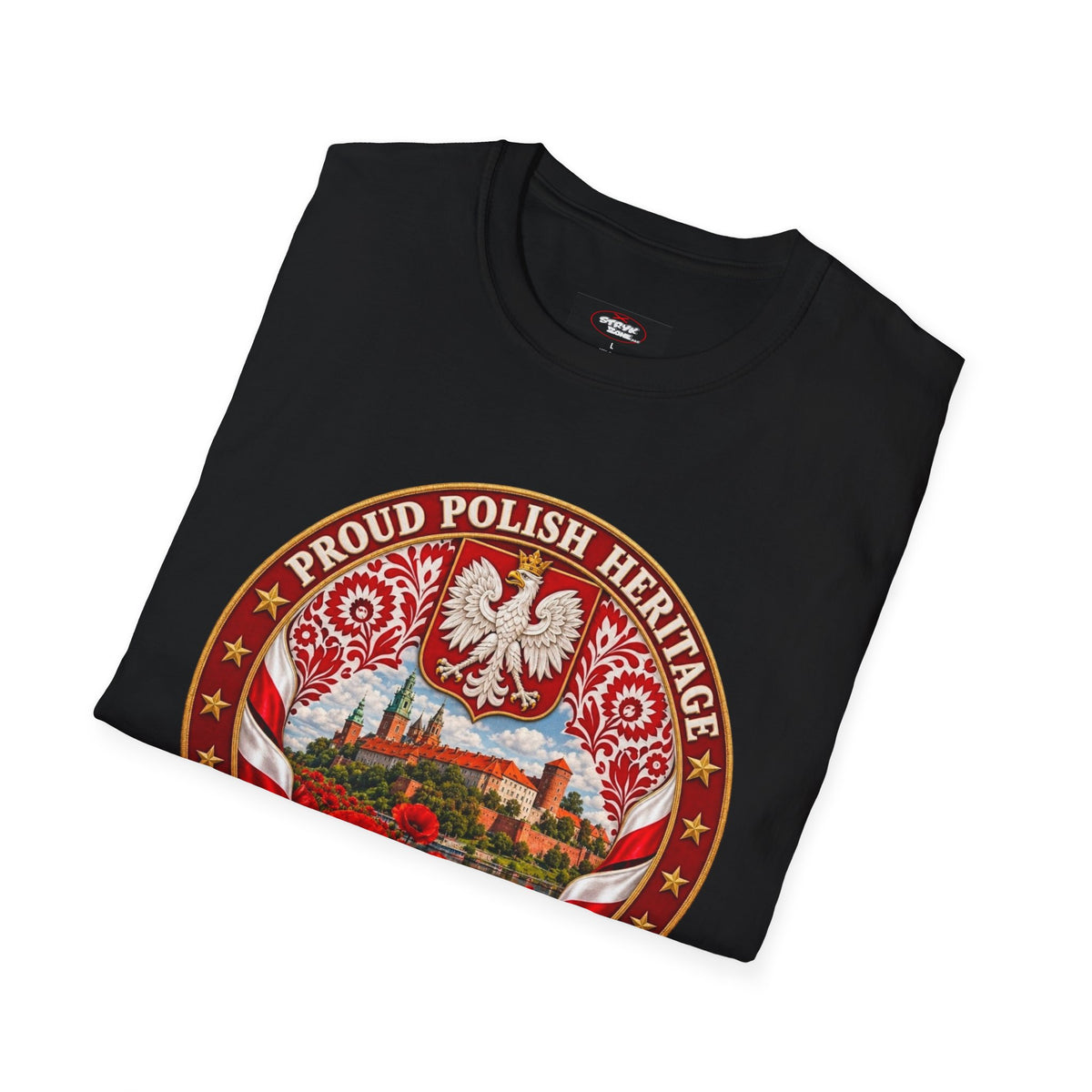 Poland Pride T-Shirt — "Proud Polish Heritage" Circle Crest with White Eagle and Floral Motif