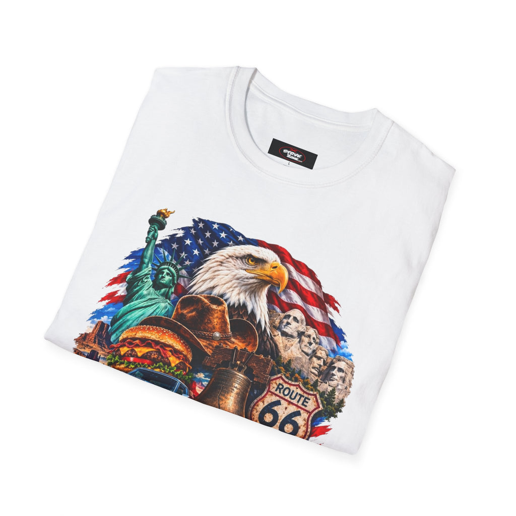 United States Patriotic T-Shirt — Bald Eagle, Statue of Liberty & Route 66 Design