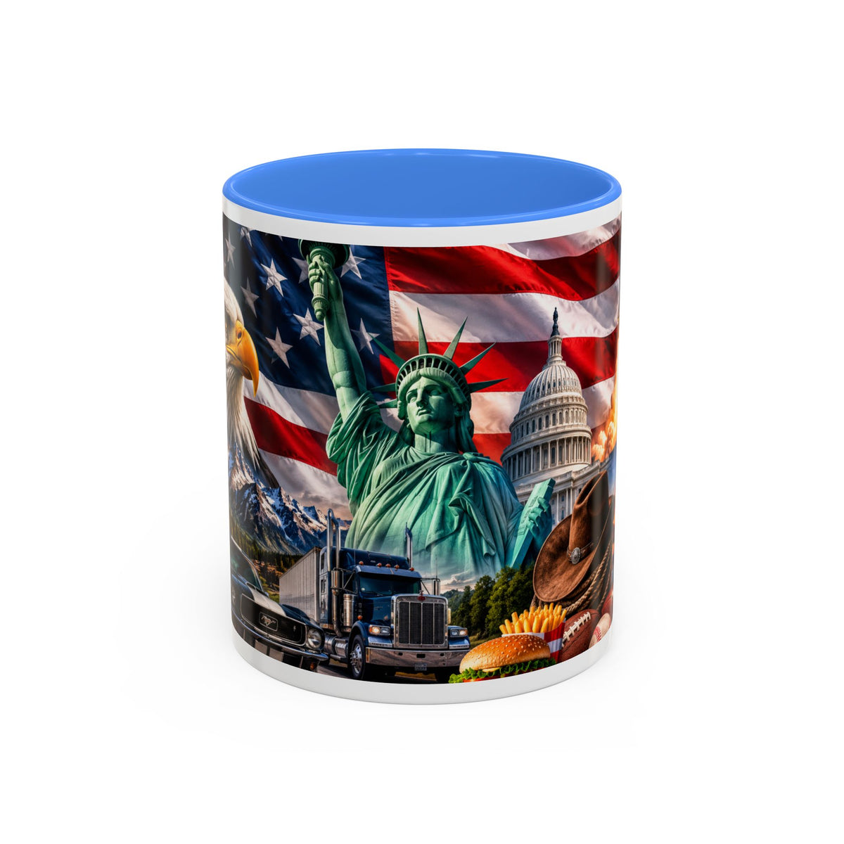 Patriotic USA Collage Mug — Statue of Liberty, Capitol & American Flag (Two-Tone)