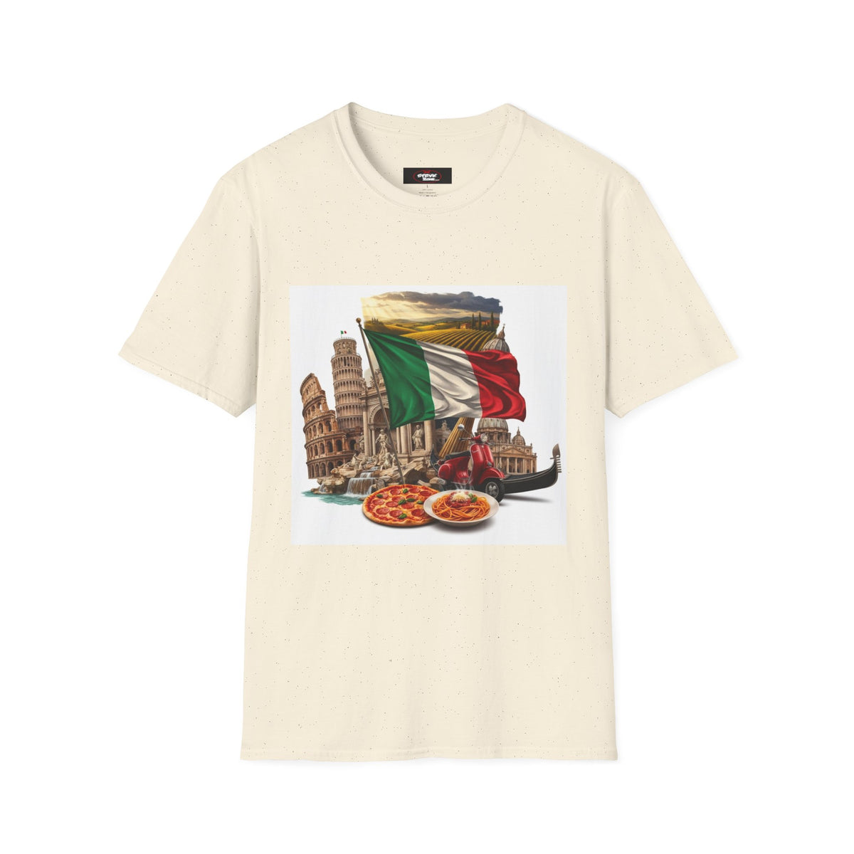 Italian Landmarks & Cuisine T-Shirt — Pizza, Colosseum & Flag Graphic