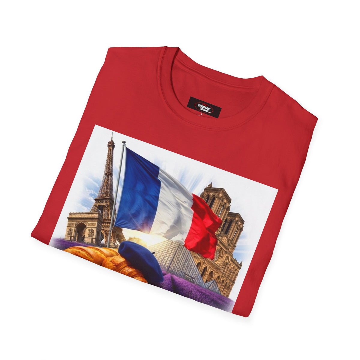 French Flag & Landmark T-Shirt — Eiffel Tower, Notre-Dame & Croissant Graphic