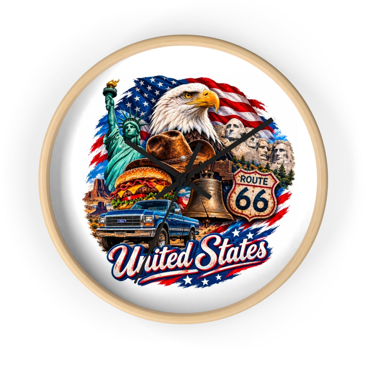 United States Patriotic Wall Clock — Eagle, Route 66 & American Landmarks