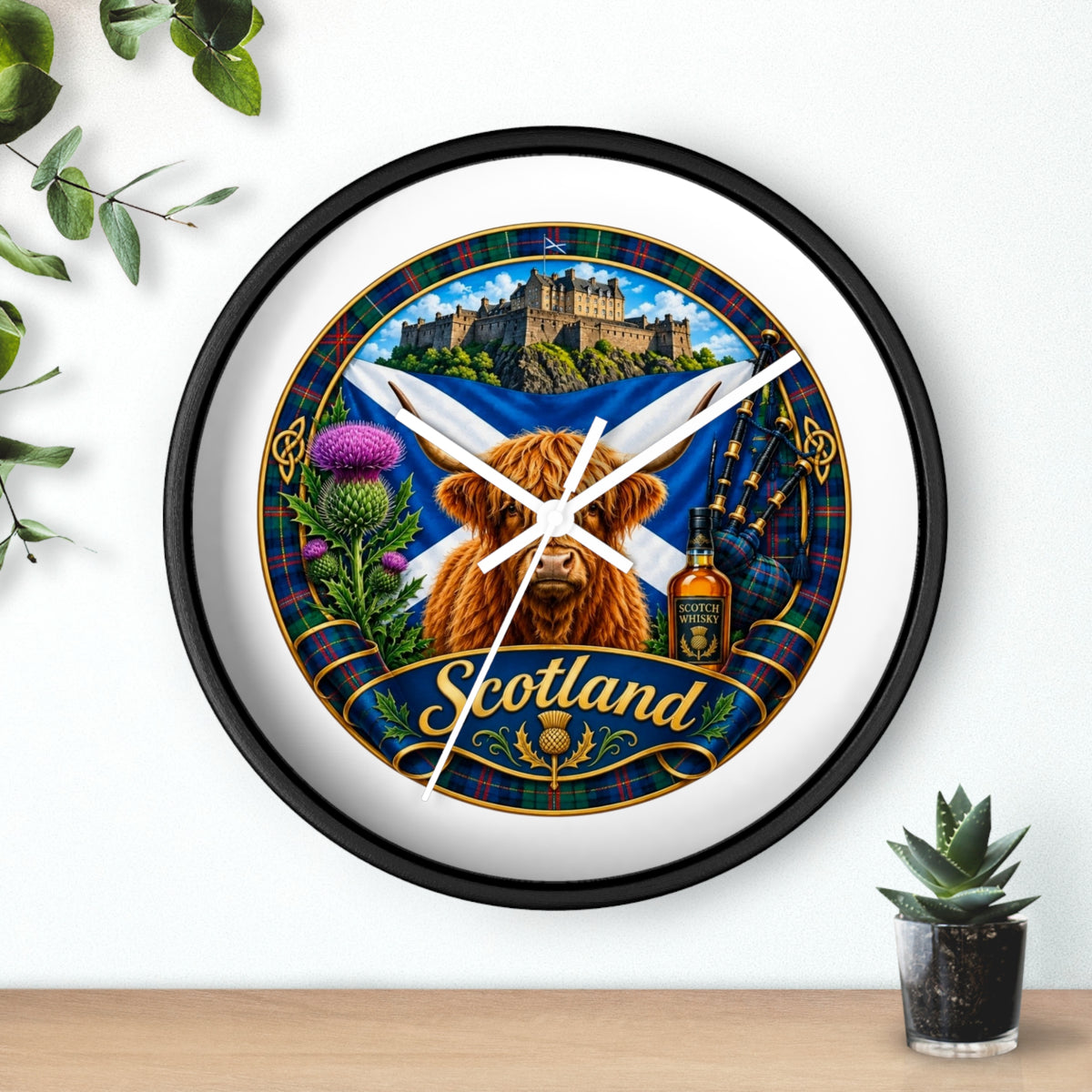 Scotland Highland Cow Wall Clock — Tartan Thistle Scottish Castle Home Decor