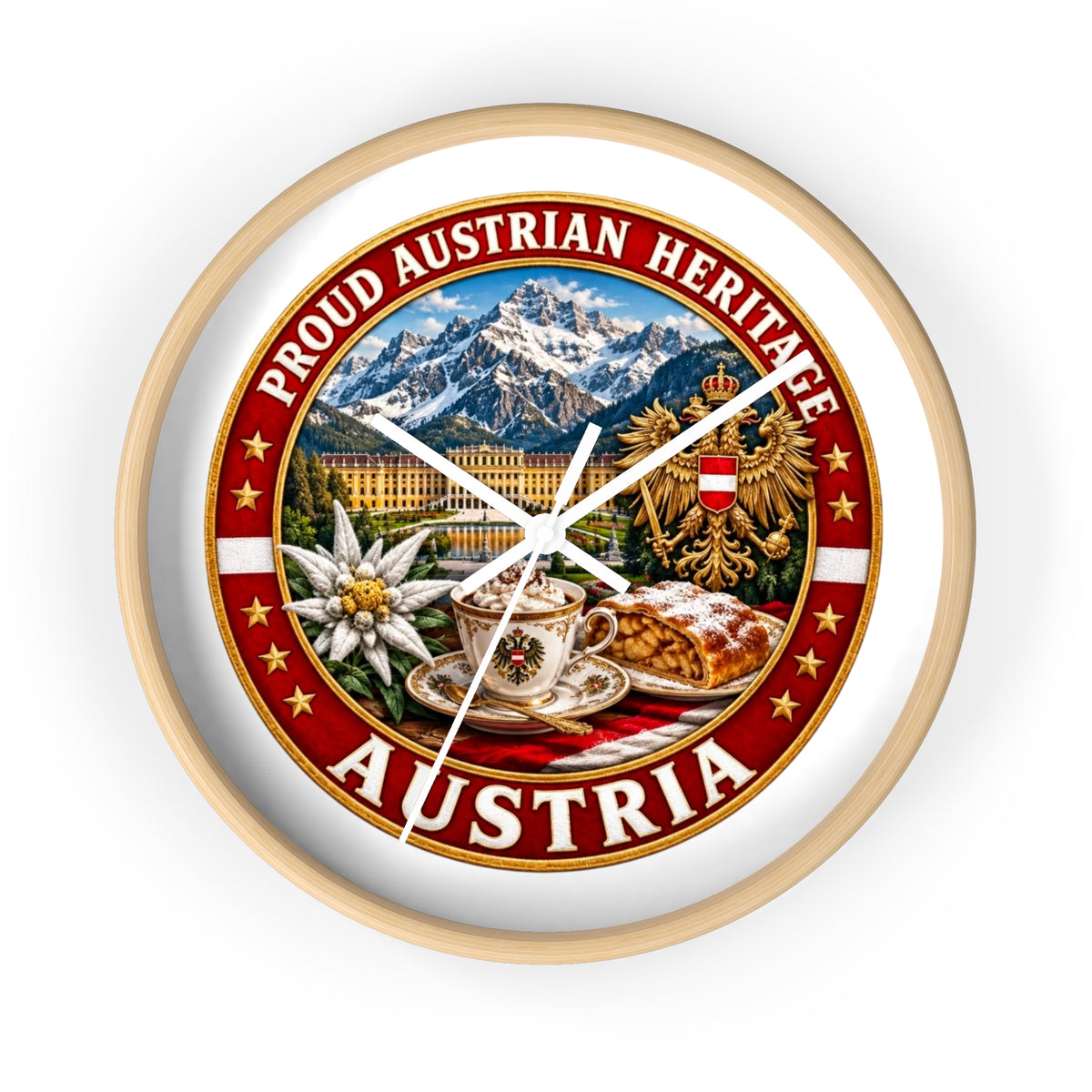 Austria Heritage Wall Clock — Proud Austrian Mountains & Coffee Scene