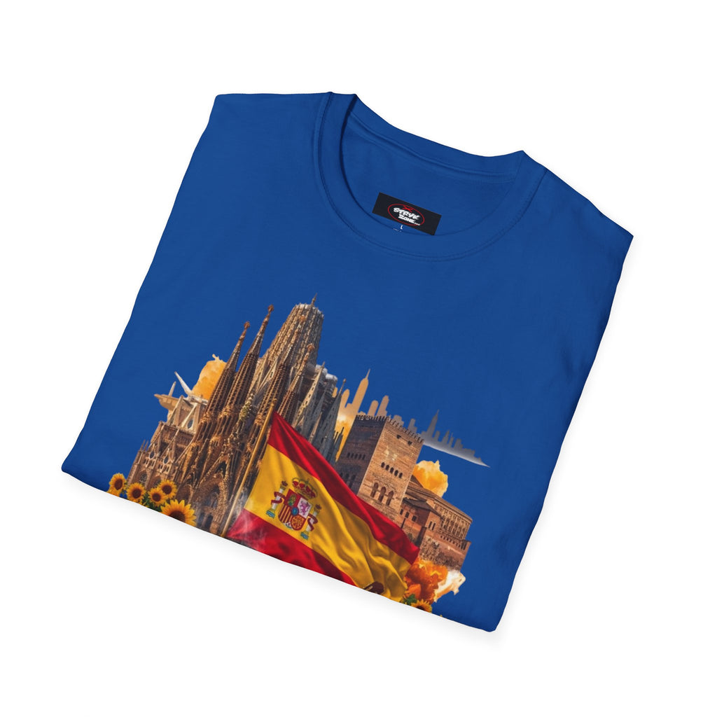 Spain Travel Collage T-Shirt — Paella, Guitar & Spanish Flag Graphic Tee