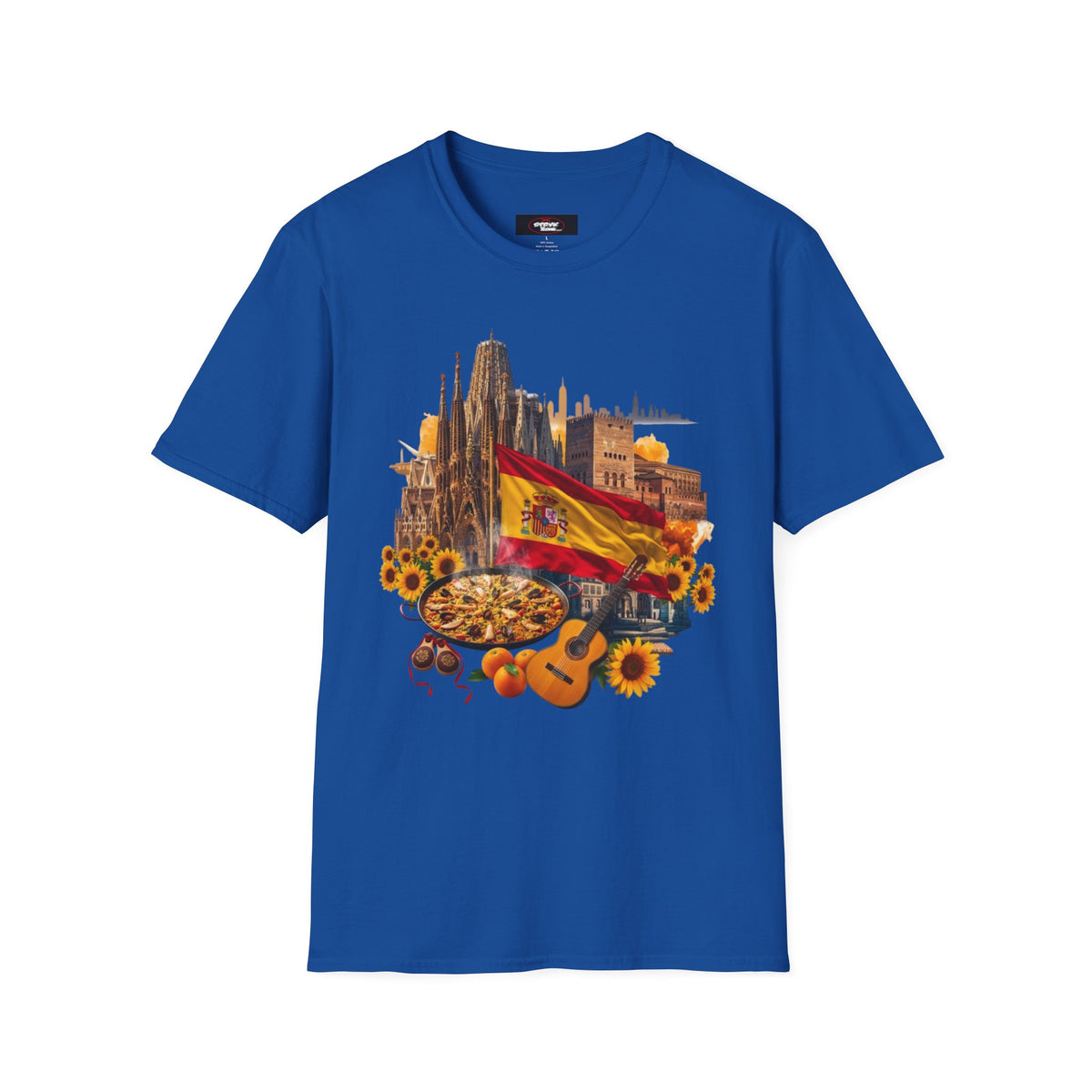 Spain Travel Collage T-Shirt — Paella, Guitar & Spanish Flag Graphic Tee