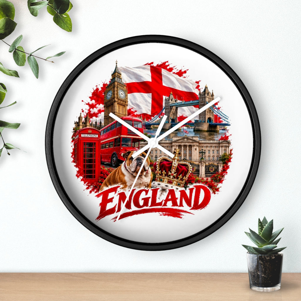 England Wall Clock – British Landmarks, Bulldog & St. George Flag Home Decor