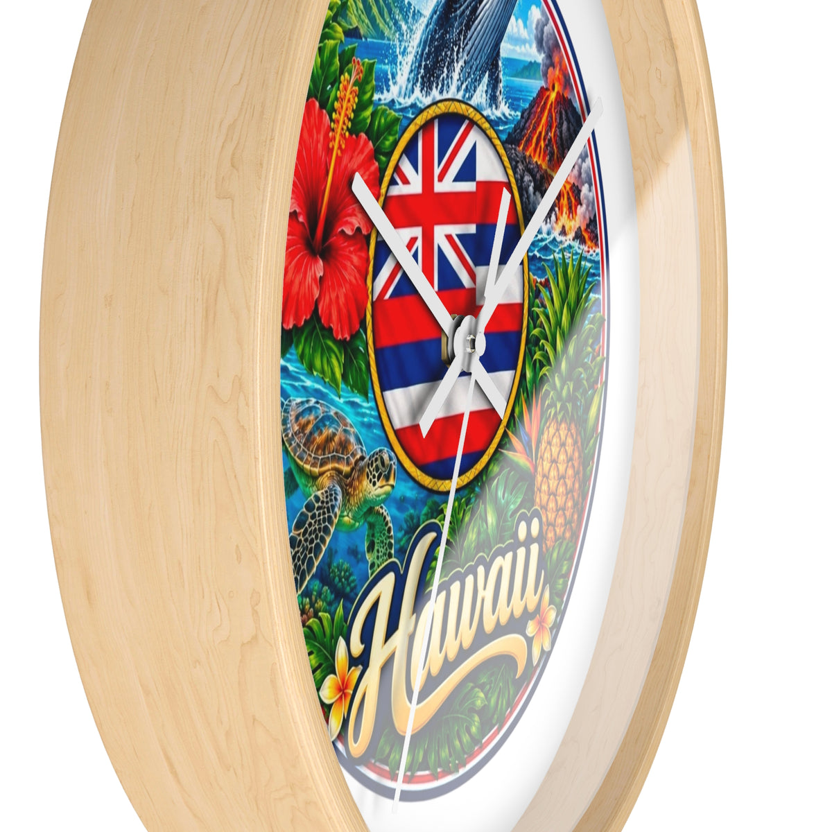 Hawaii Tropical Souvenir Wall Clock — Hawaiian Flag, Hibiscus, Pineapple & Whale Design