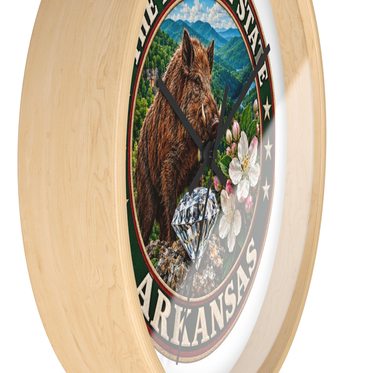 Arkansas State Seal Decorative Wall Clock — 'The Natural State' Bear, Diamond & Apple Blossom Design