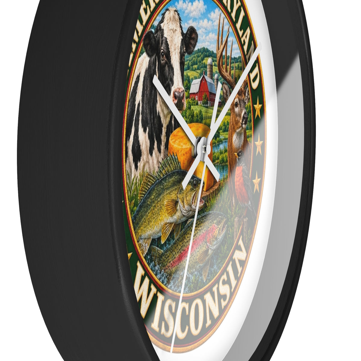 Wisconsin Wall Clock — "America's Dairyland" Rustic Farm & Wildlife Clock