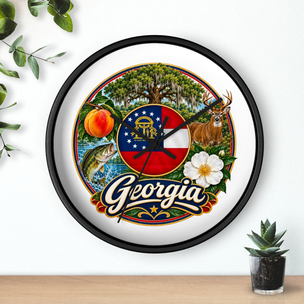 Georgia State Emblems Wall Clock — Peach, Magnolia & Outdoors Decorative Clock