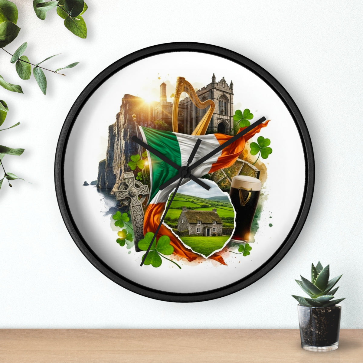 Irish Heritage Wall Clock — Celtic Flag, Shamrocks, Harp & Pub Pint Decor