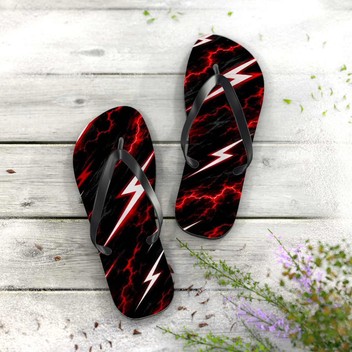 Red Lightning Bolt Flip Flops — Black & Red Storm Beach Sandals