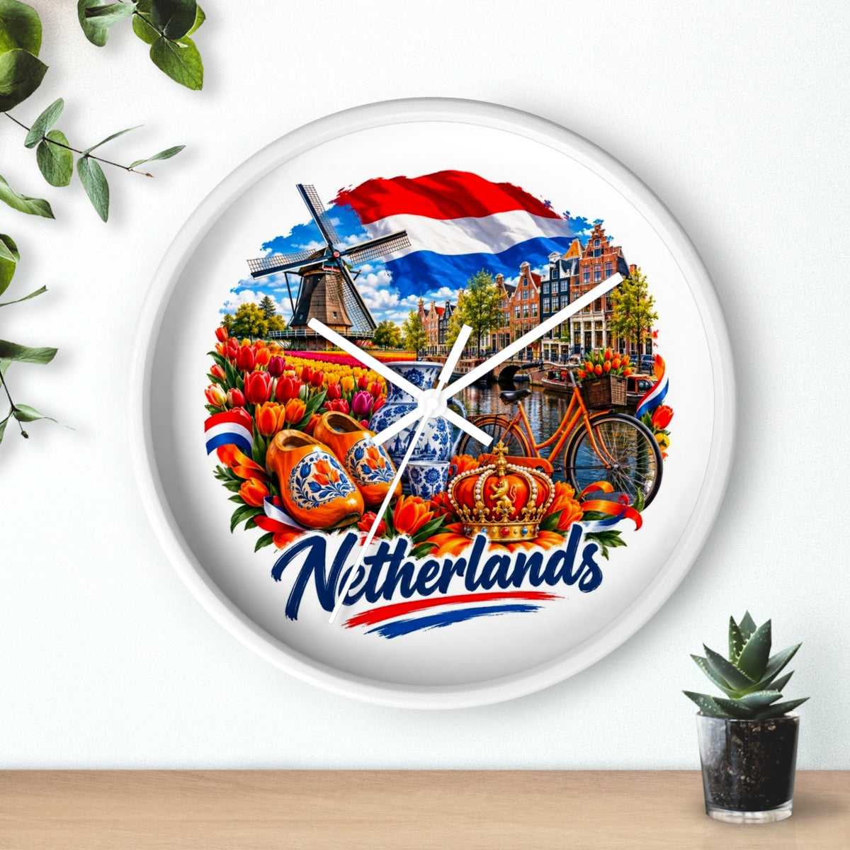 Netherlands Wall Clock – Dutch Tulips, Windmill & Canal Souvenir Clock