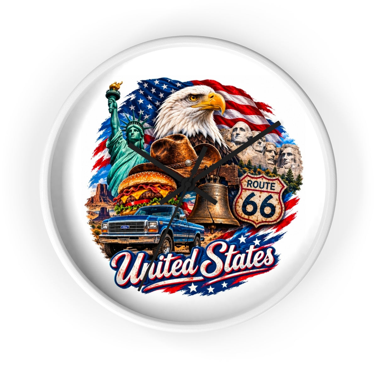 United States Patriotic Wall Clock — Eagle, Route 66 & American Landmarks