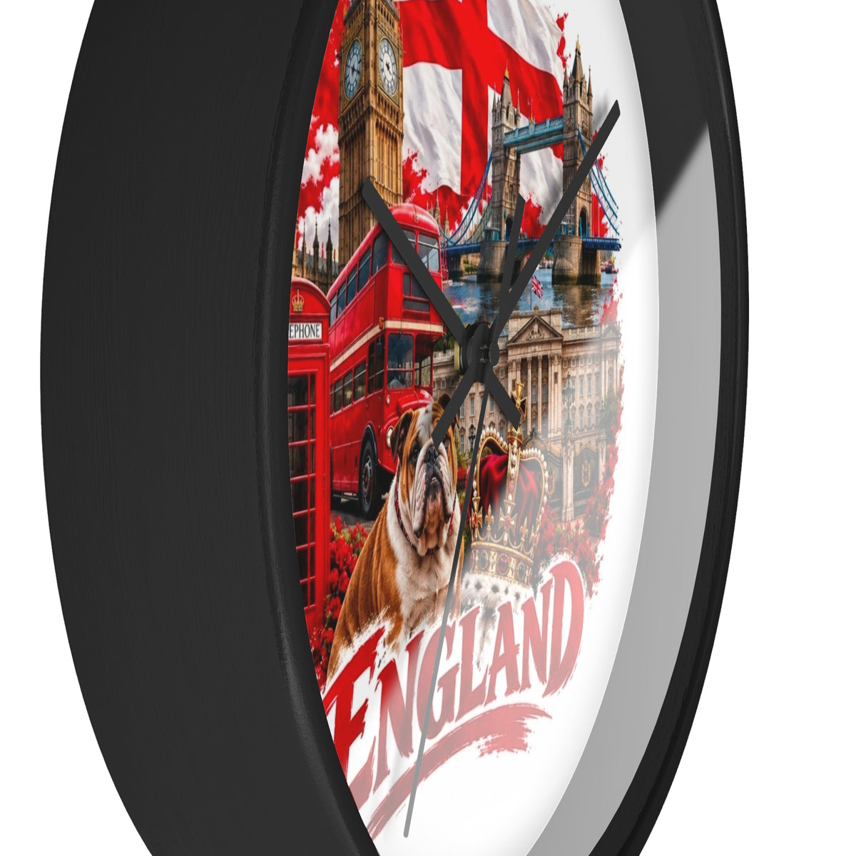 England Wall Clock – British Landmarks, Bulldog & St. George Flag Home Decor
