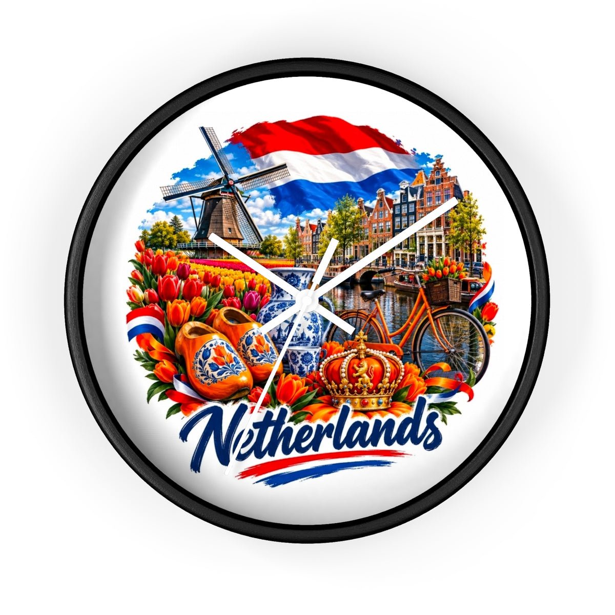 Netherlands Wall Clock – Dutch Tulips, Windmill & Canal Souvenir Clock
