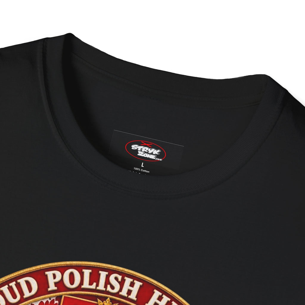 Poland Pride T-Shirt — "Proud Polish Heritage" Circle Crest with White Eagle and Floral Motif