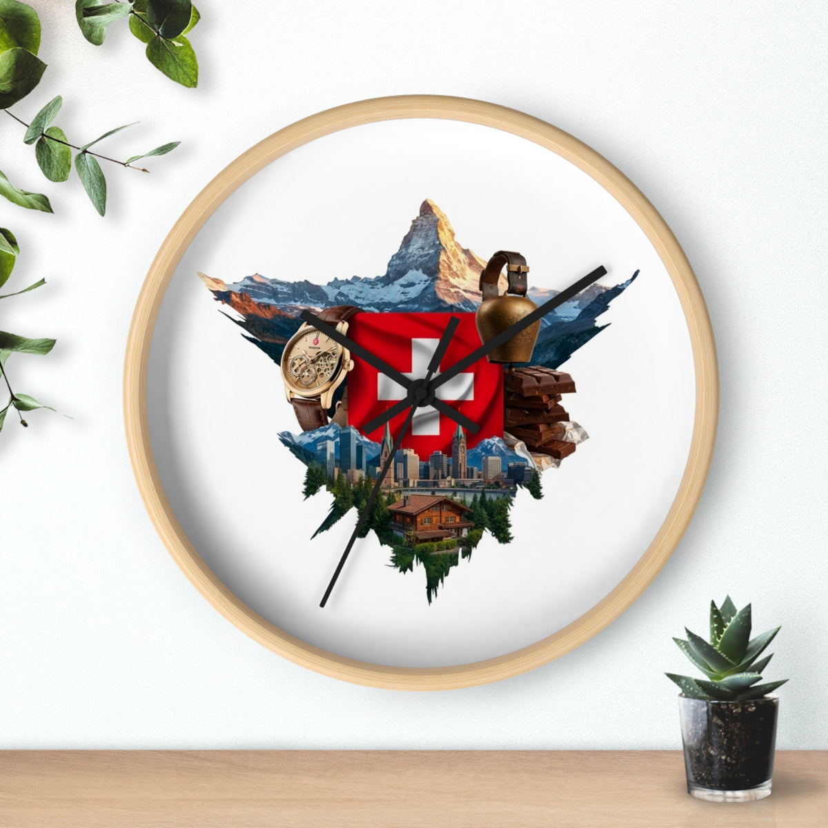 Swiss Heritage Wall Clock – Alpine Crest Design with Swiss Flag, Mountain & Chalet Elements