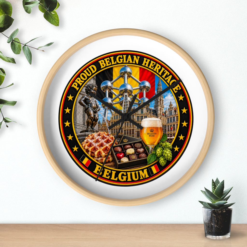 Belgium Heritage Wall Clock — Proud Belgian Icons (Atomium, Manneken Pis, Waffle, Beer)