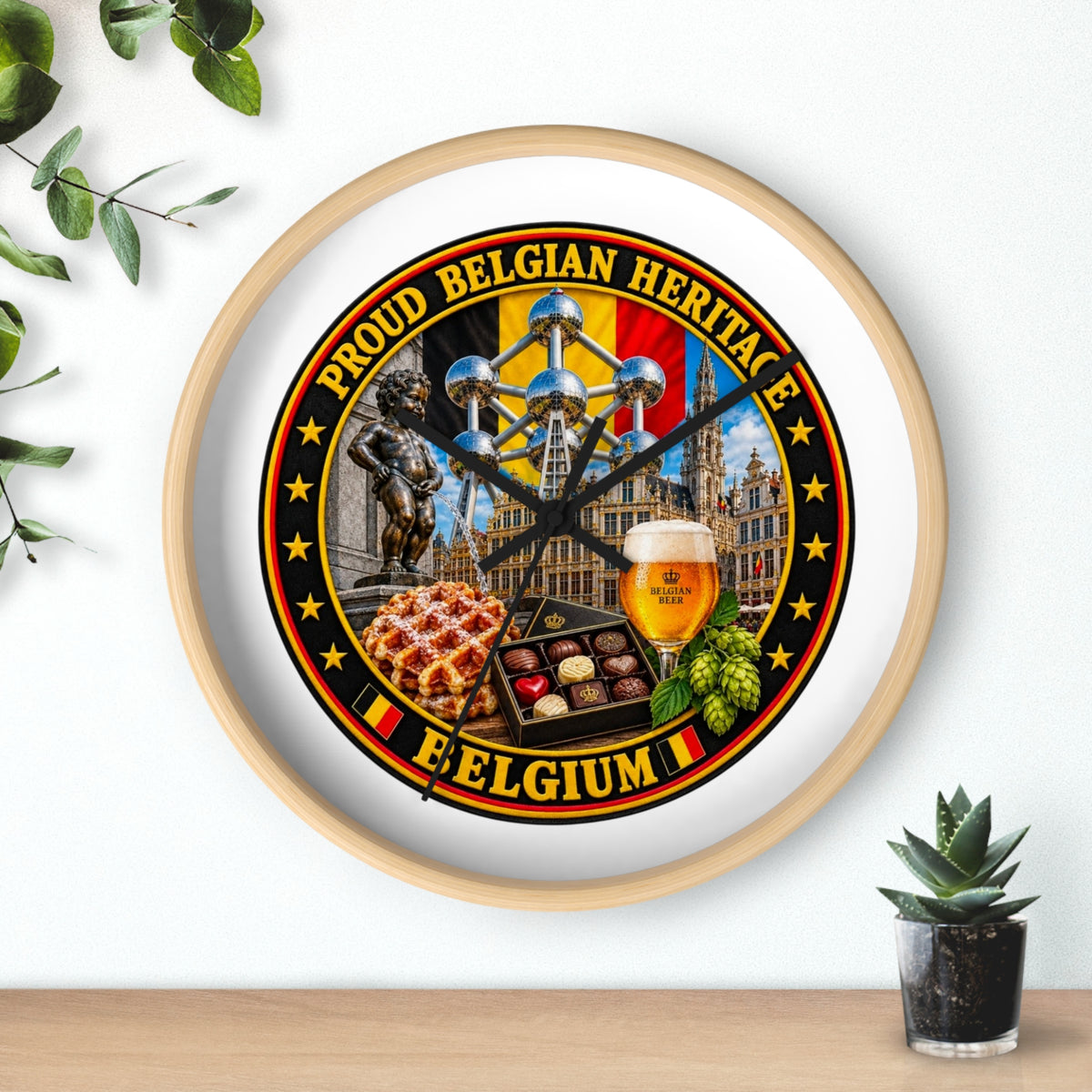 Belgium Heritage Wall Clock — Proud Belgian Icons (Atomium, Manneken Pis, Waffle, Beer)