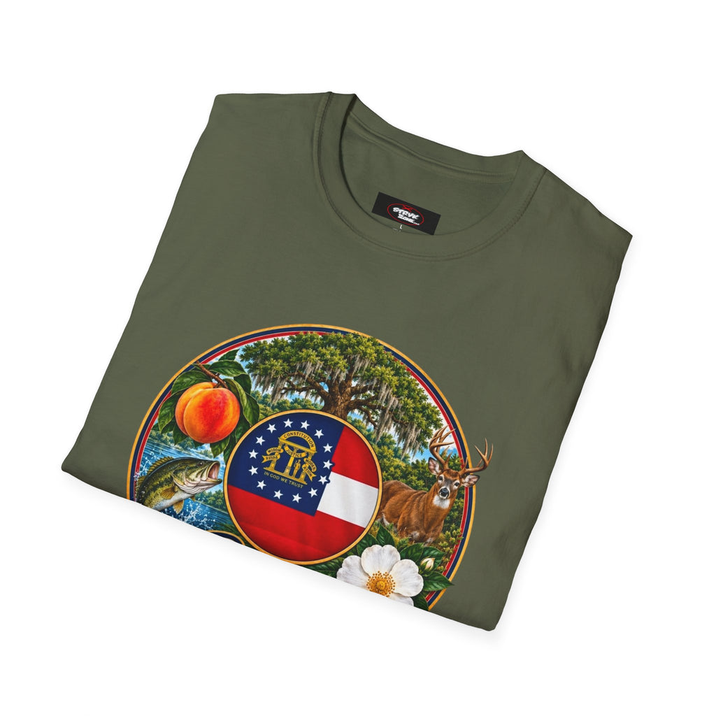 Georgia State Emblem T-Shirt – Peach, Magnolia & Flag Design