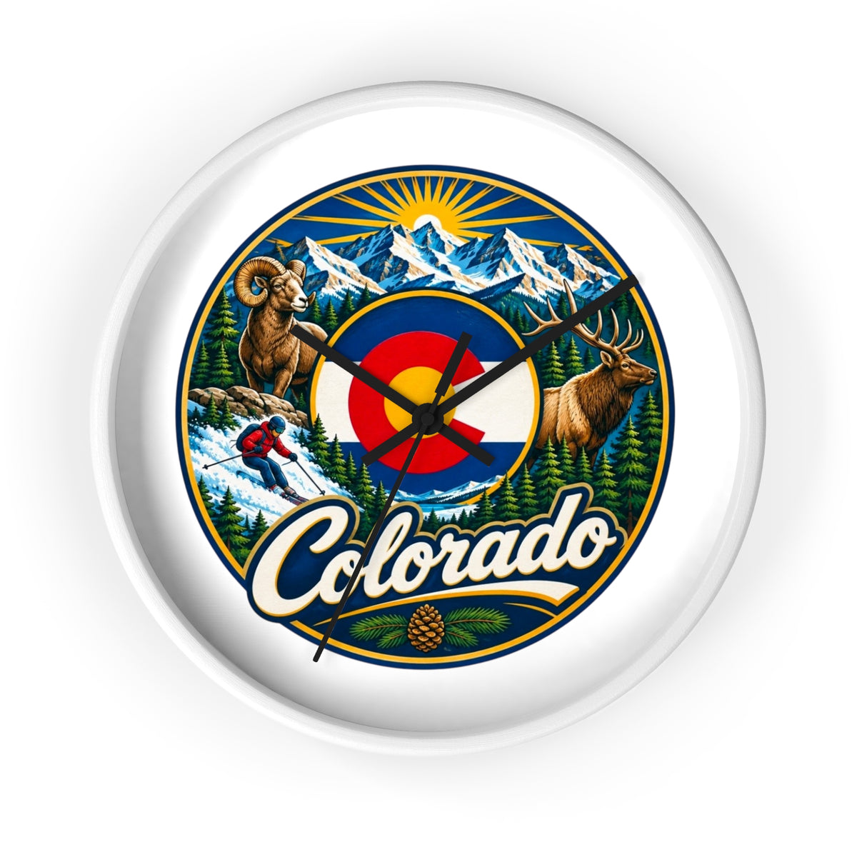 Colorado Mountain Scenic Wall Clock — Skiing, Elk & Bighorn Sheep Design