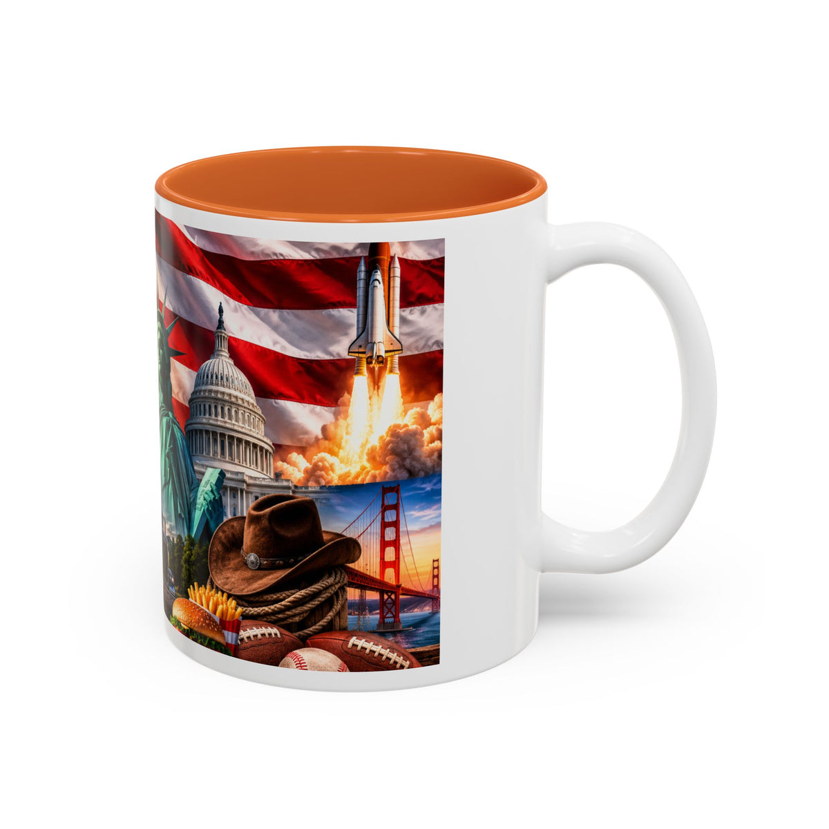 Patriotic USA Collage Mug — Statue of Liberty, Capitol & American Flag (Two-Tone)