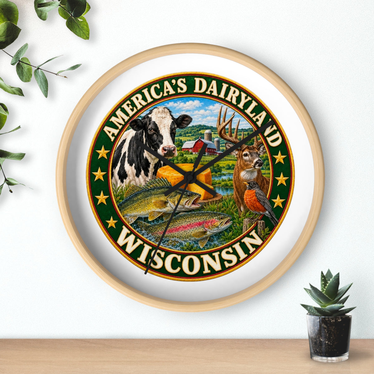 Wisconsin Wall Clock — "America's Dairyland" Rustic Farm & Wildlife Clock