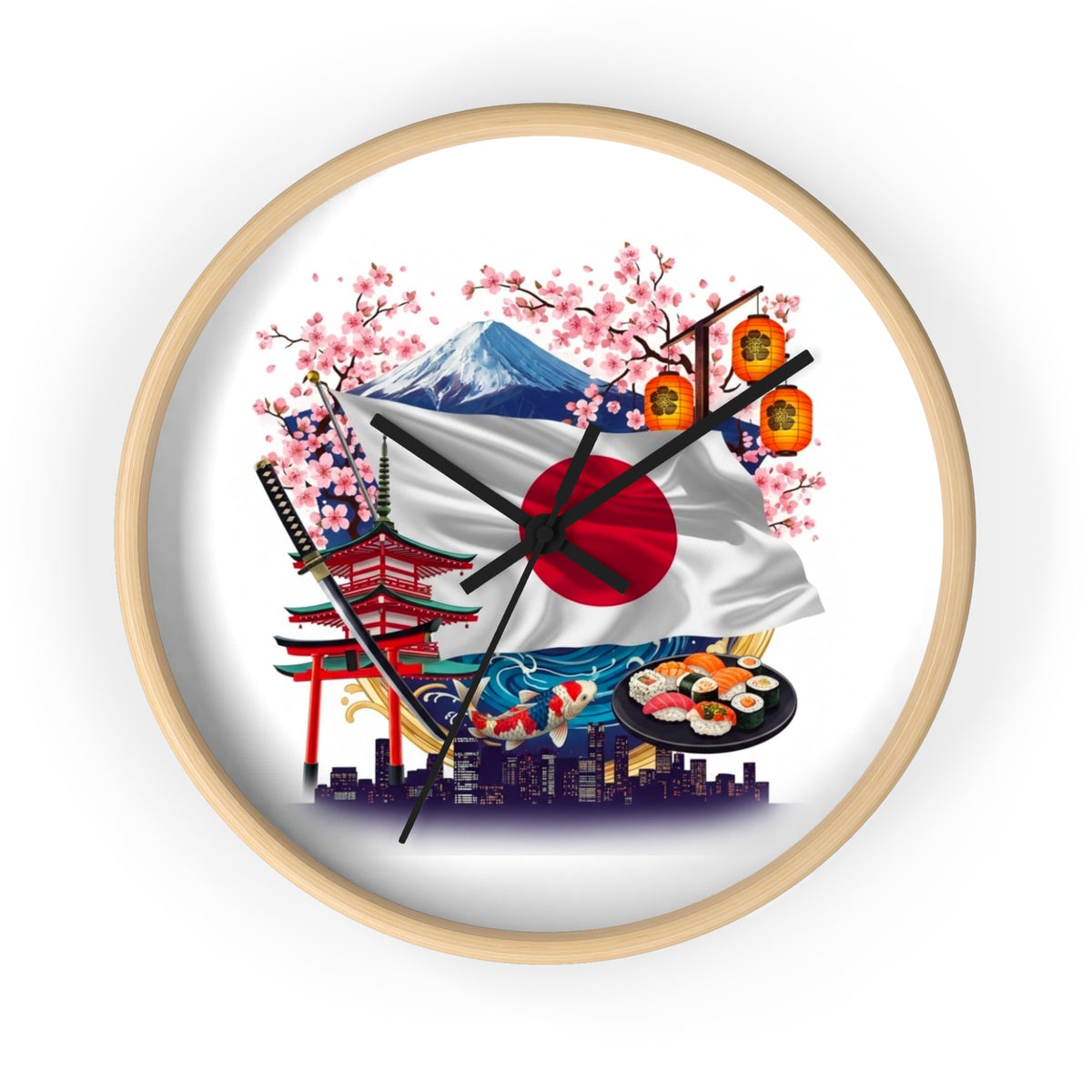 Japanese Flag Wall Clock — Mount Fuji, Sakura & Sushi Decorative Clock