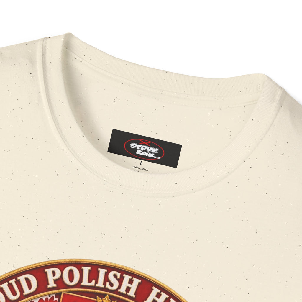 Poland Pride T-Shirt — "Proud Polish Heritage" Circle Crest with White Eagle and Floral Motif