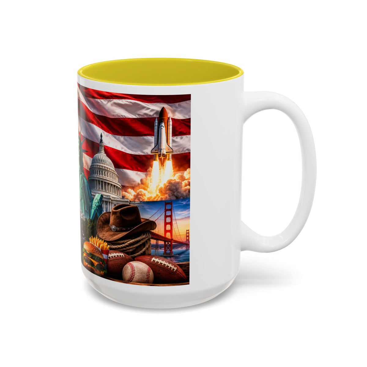 Patriotic USA Collage Mug — Statue of Liberty, Capitol & American Flag (Two-Tone)